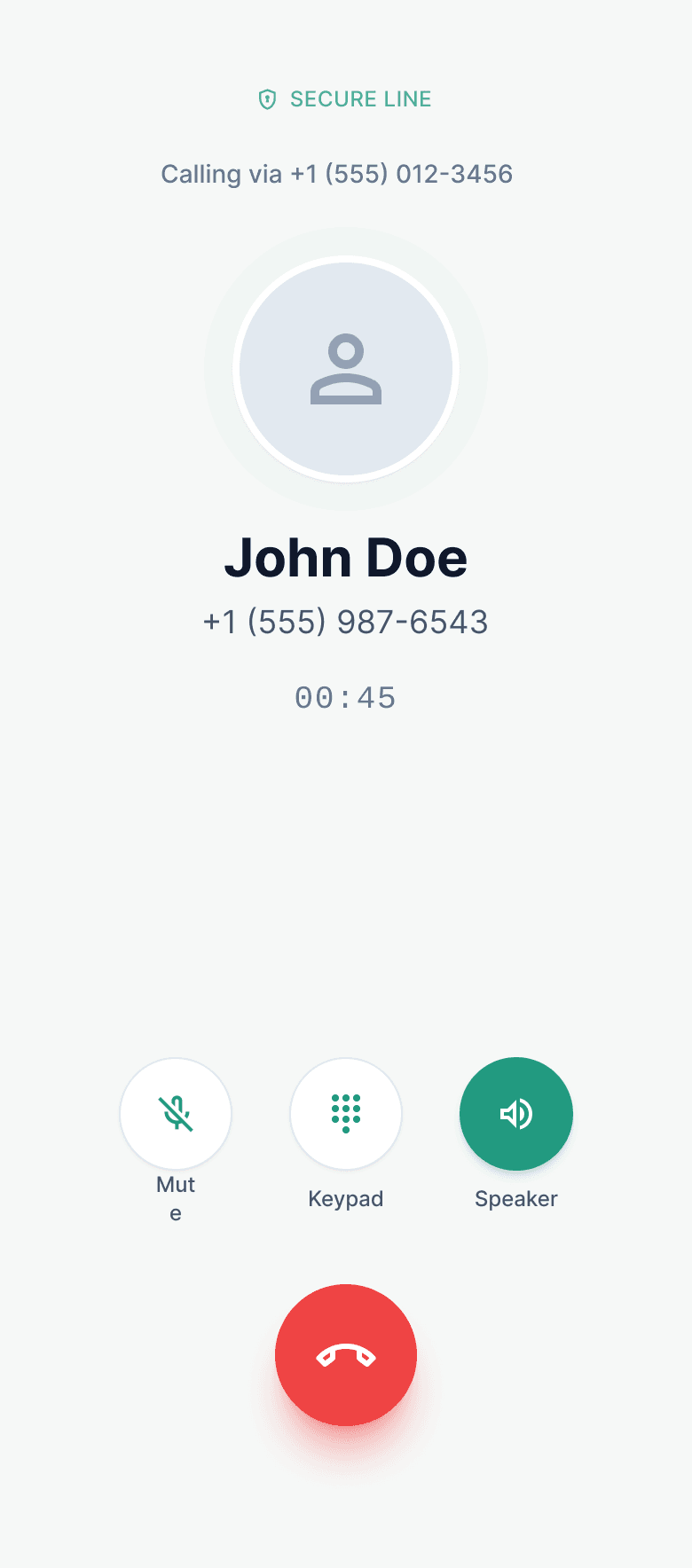 SpareNumber in-call screen showing a secure line badge, call timer, and mute, keypad and speaker controls