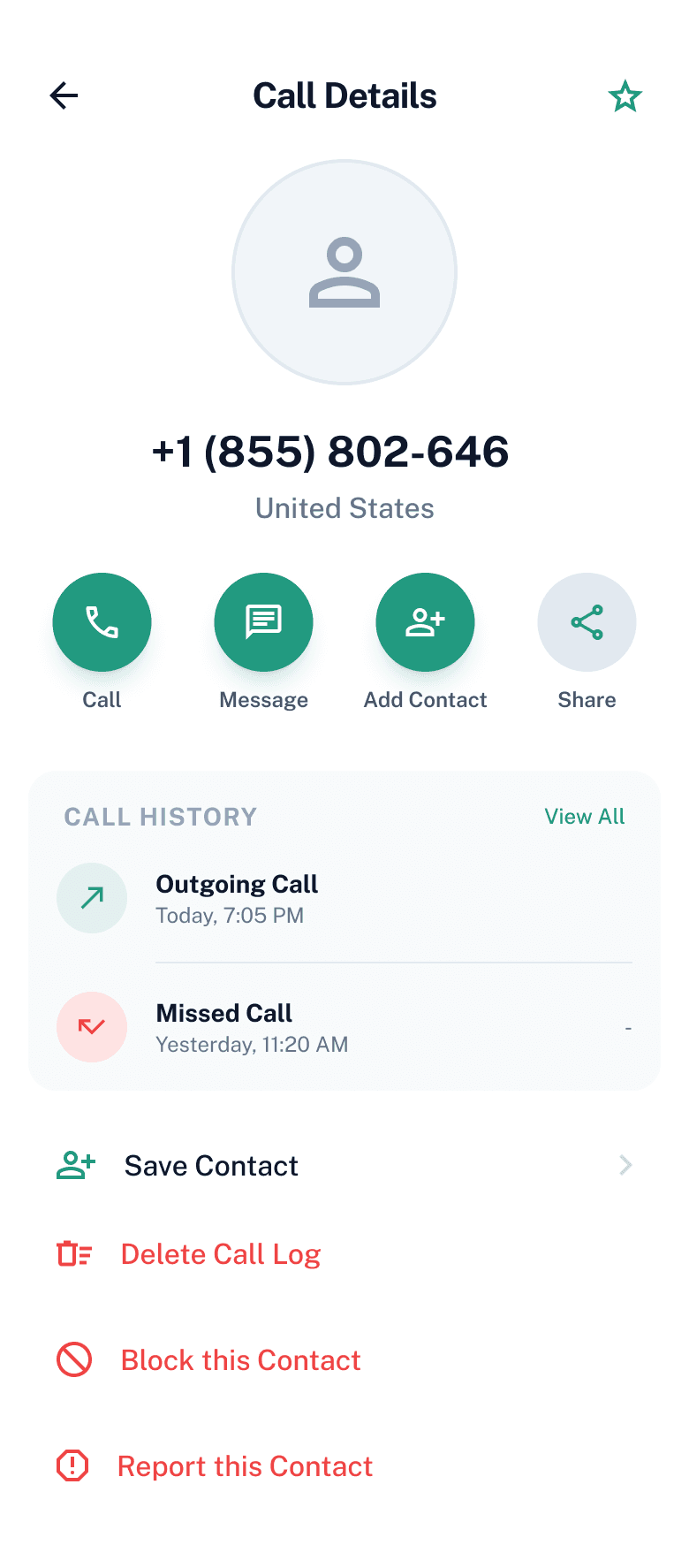 SpareNumber call details screen with call, message, add contact and share actions plus block and report options